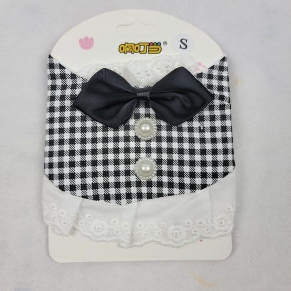 NWT tiny cat / dog scarf collar gingham with pearl and black bow - Picture 1 of 5